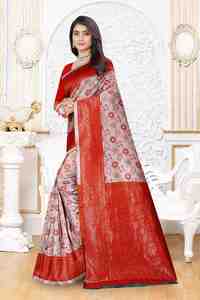 Traditional Indian Silk <b>Saree</b> <b>Red</b> And Beige With Floral Zari Work For Wedding And Festival Wear Women - Product Image 2