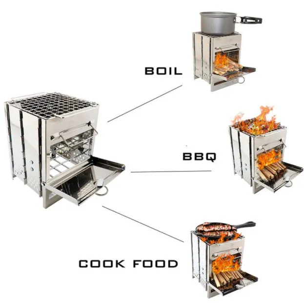 ポータブル屋外折りたたみ式薪ストーブステンレス鋼グリル一体型薪ストーブキャンプBBQグリル木炭ストーブ