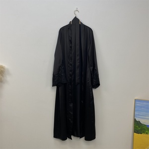 1977# Thick Satin New Front Open <b>Abaya</b> With Side Pockets Women Black Crown Fashion Lace Abayas Cardigan Eid 2023 - Product Image 6
