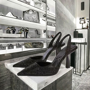 Nuevas Sandalias de Moda para Mujer QuiteS, Zapatos Negros de Punta con Tacón Fino de 8cm, Pedrería Negra, Boca Baja, Tira Trasera Abierta, Estilo Slingback - Product Image 2