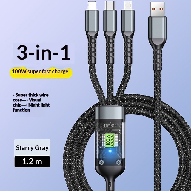 LED Transparent Braided 3-in-1 Fast Charging Data Cable Micro USB Type-C Connectors 100W 5A Mobile Phone Night Light