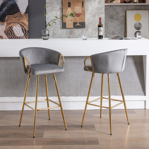 30 Inch Set of 2 <b>Adjustable</b> <b>Bar</b> <b>Stools</b> with Chrome Iron Base and Velvet Golden Legs Modern Design for Living Room & Bedroom - Product Image 1