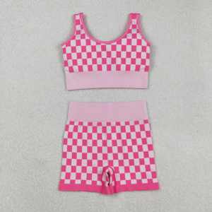 GSSO2704 Rosa Blanco estampado a cuadros Boutique venta al por mayor estampado otoño yoga adultos trajes para mujeres adultas conjunto deportivo - Product Image 1