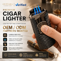 Briquet à cigare GUEVARA en fibre de carbone, 3 jets, flamme bleue, torche coupe-vent, perforateur à cigare intégré, rechargeable au gaz butane