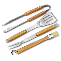 Accessoires de barbecue en bois de caoutchouc et acier inoxydable, ensemble de 4 outils de barbecue avec spatule, fourchette, pinces, brosse à barbecue