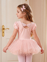 Maillot de Ballet para Niñas con Mangas Abullonadas, Cuello en V, Lazo en la Espalda, Tutú con Lentejuelas, Vestido de Princesa para Actuaciones de Danza Infantil