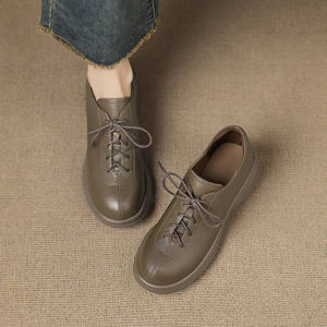 Outer Inner Layer Genuine Leather Sheepskin Round-top Lace-up Waterproof Flat <b>Heel</b> Soft Sole Fashionable Retro <b>Mary</b> <b>Jane</b> <b>Shoes</b> - Product Image 6