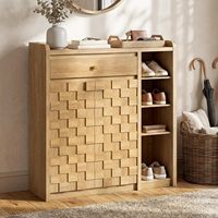 Meuble de rangement à chaussures moderne en bois avec portes mosaïques 3D, 1 tiroir supérieur et 5 étagères réglables, organisateur à bords incurvés pour couloir.