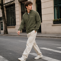 Sweat-shirt Homme en Coton Gaufré Épais Vert Foncé avec Col Montant et Broderie Lettres, Fermeture Éclair Quarts, Vente en Gros
