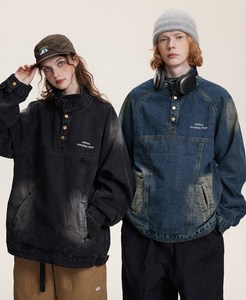 Chaqueta Vaquera Holgada Unisex con Capucha, Estilo Streetwear, Sólida, de Invierno, con Botones, Cuello de Doble Capa, Gruesa, con Logotipo Personalizado - Product Image 3