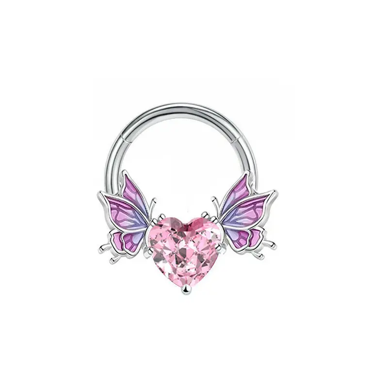 Ensemble de bijoux en acier inoxydable zircon rose coeur papillon forme ventre nez anneau cartilage boucle d'oreille goujon pour fille