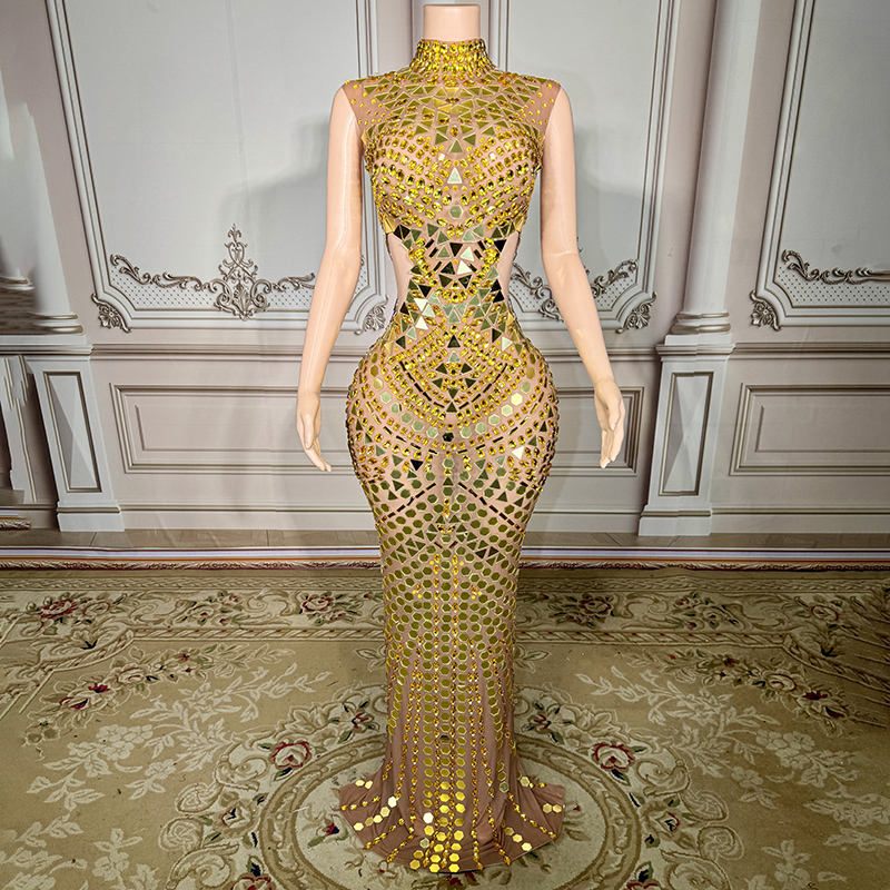 Birthday Party Golden Dress Party Wear Echoine Sexy Skinny One Shoulder  Split Party Dress Women Bodycon