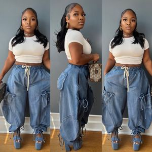 Pantalones vaqueros informales holgados con cordón elástico en la cintura y lazo para mujer, a la moda - Product Image 2