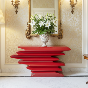<span class=keywords><strong>Table</strong></span> console de forme irrégulière unique, <span class=keywords><strong>table</strong></span> d'entrée, piédestal sculptural décoratif contemporain, support fantaisie en laque rouge, hall d'hôtel - Product Image 4