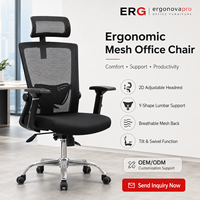 Chaise de bureau ergonomique moderne en tissu et maille avec appui-tête réglable, support lombaire, accoudoirs réglables, pieds chromés et dossier ouvert en aluminium