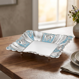 Elegant Polished Metal <b>Serving</b> <b>Tray</b> With Floral Pattern Blue Accents Residential Use - Product Image 4