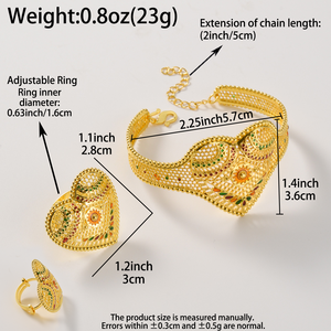 Filigree Openwork Colorful Heart Copper 18k Gold Plated <b>Women</b> Vintage Luxury Wholesale Cuff Bracelet <b>Ring</b> <b>Set</b> - Product Image 6