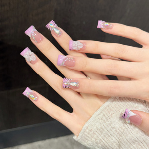 Lot de 10 <span class=keywords><strong>faux</strong></span> <span class=keywords><strong>ongles</strong></span> bleus style baroque français, faits à la main, à presser, vintage, ornés, avec logo personnalisé - Product Image 4
