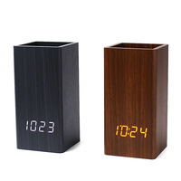 Porte-crayons créatif multifonctionnel pour enfants Horloges LED Porte-stylo Réveil de bureau en bois pour étudiants