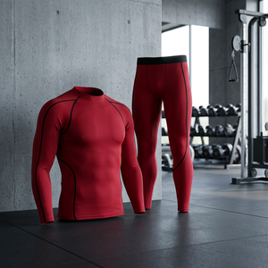 Conjunto de Compresión de 2 Piezas Rojo para Hombre, Camiseta de Manga Larga con Cuello Redondo, Pantalones Largos, Sin Costuras, Elásticos, de Secado Rápido, para Yoga y Fitness - Product Image 3