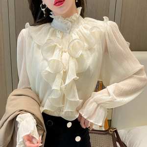 韓国風 フリル切替 レースブラウス レディース スタンドカラー ボタン シフォンシャツ 長袖 フレアスリーブ ゆったり トップス 6186# - Product Image 2