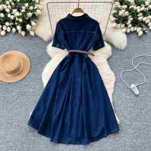 Vestido Midi Tipo Túnica Casual de Manga Corta con Cuello Vuelto, Tejido Transpirable, Lavable, Estilo Vintage, Sostenible, para Mujer, Corte Imperio - Product Image 4
