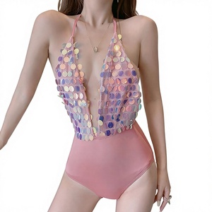 Maillot de bain une pièce pour femme, style déesse coréenne, sexy, col en V profond, paillettes, matière Spandex/Nylon - Product Image 1