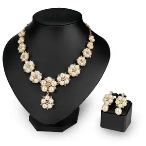 Best Selling Elegant Women Wedding Pearl Pendant Earrings Necklace Sets Simple Real 18K Gold Plated Bridal Pearl Jewelry Sets