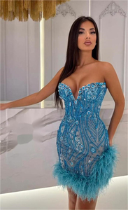 Caldo all'ingrosso abbigliamento <span class=keywords><strong>bianco</strong></span> aderente piuma paillettes Sexy vestito da festa delle donne - Product Image 2