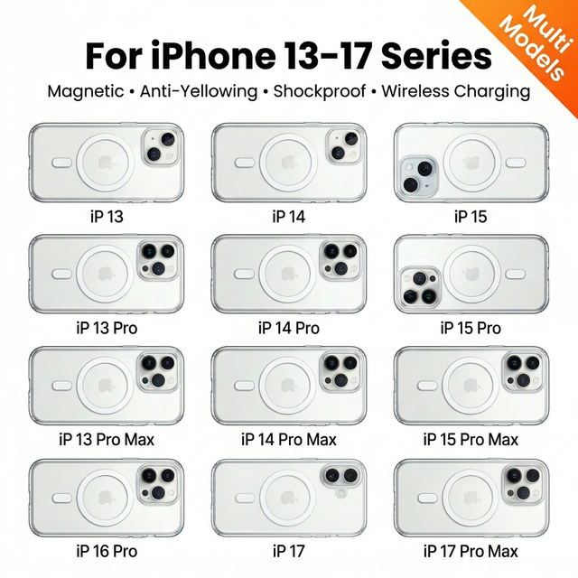 Magnetic Clear Anti-Yellowing Phone Case for iPhone 17 16 15 Pro Max, Shockproof Wireless Charging TPU+PC Cover