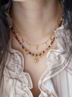 JoJo-Collier ras du cou réglable en perles de pierre naturelle marron avec breloques en or soleil lune étoile bijoux faits main pour femmes