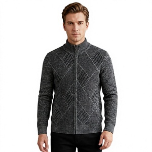 Cárdigan de Cuello Alto con Cremallera para Hombre, Gris, de Lana y Acrílico, Tejido, Manga Larga, Patrón Geométrico, Antipilling, para Otoño - Product Image 1