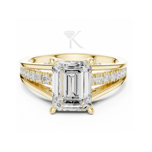 Bague de fiançailles moderne en or jaune à taille émeraude, triple anneau fendu, pavée de diamants, bague architecturale unique et élégante - Product Image 1