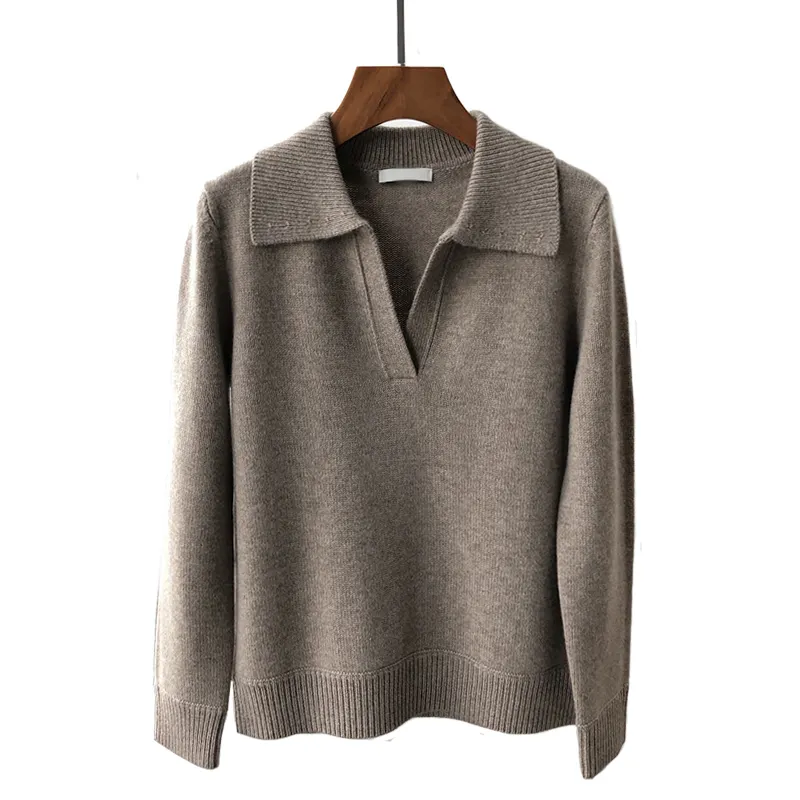 Women Casual Polo Neck Plain Knit Thick Cashmere Sweater