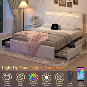 [Stock US] Cadre de lit double et queen size avec éclairage LED et 4 tiroirs de rangement, cadre de lit rembourré en PU, livraison rapide depuis les États-Unis, MOQ 1 - Product Image 2