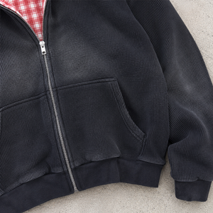 Vestes à fermeture éclair personnalisées à motif écossais, sweats à capuche double couche <span class=keywords><strong>en</strong></span> tissu gaufré pour hommes, 100% coton, sweats à capuche réversibles <span class=keywords><strong>en</strong></span> tricot gaufré de haute qualité - Product Image 3
