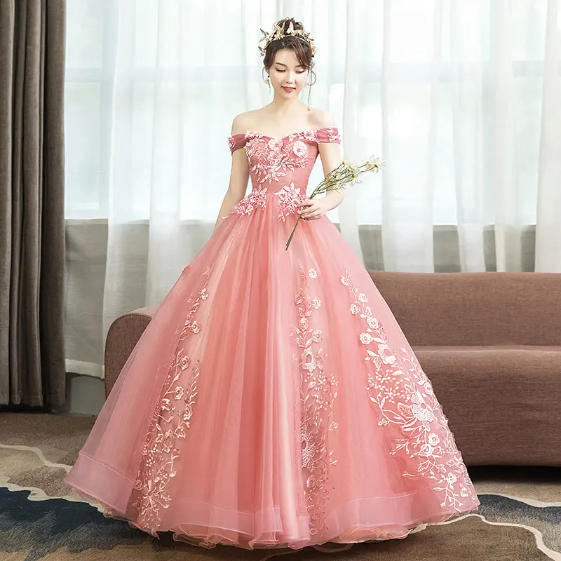 Elegant Pink Lace Embroidery Off Shoulder Party Ball Gown Evening Quinceanera Dresses