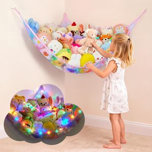 Stuffed Animal Hammock Large Triangular Net Storage Organizer With <b>Led</b> <b>Light</b> For Kids Room <b>Corner</b> Hanging Toy Holder - Product Image 1