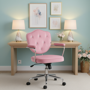 Silla de Oficina Giratoria Rosa, Altura Ajustable, Tela de Terciopelo, Respaldo Acolchado, Base Cromada, para Chicas y Mujeres - Product Image 2