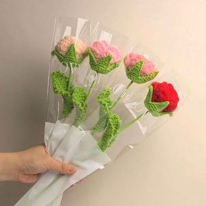 Crochet <b>Artificial</b> Flower Rose Plant <b>Bouquet</b> Mothers Day Gifts Wedding Decoration Handmade Stem Rose Finished Products - Product Image 5