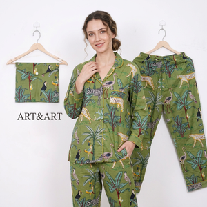 Soft Breathable Cotton Hand Block Print Pajama Set for Women Includes Button Top Comfy Elastic Pants for Relaxed Night Sleepwear - Product Image 1