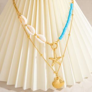 Collier pendentif double couche en acier titane couleur or 18 carats avec coquille de pierre naturelle, colliers de mode en acier inoxydable - Product Image 4