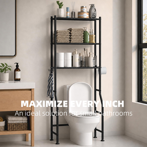 3-Tier Over the Toilet Storage Rack Freestanding Waterproof <b>Metal</b> Toilet <b>Shelf</b> Bathroom Space Saver Organizer <b>Shelf</b> with Hooks - Product Image 3