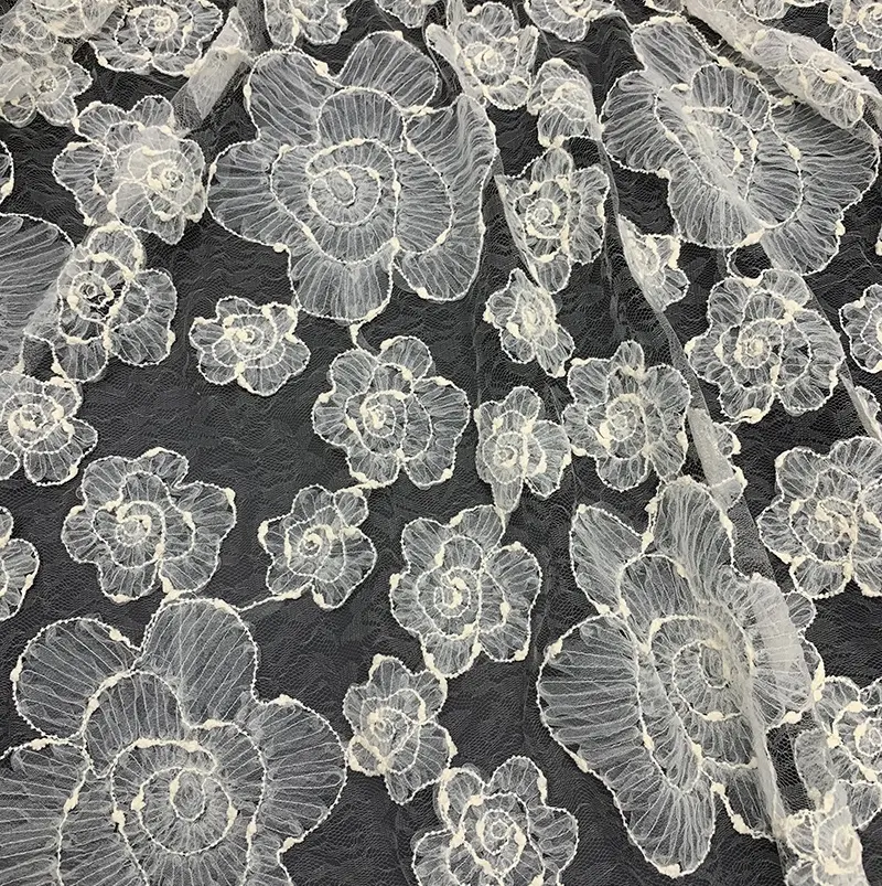 Factory Direct White Beige Flowers Embroidered Tulle Fabric for Bridal Dress SS220831-EMB17
