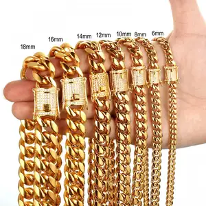 Stainless Steel Sweater necklace Chain gold cuban link chain rhinestone gold chains men 1408353