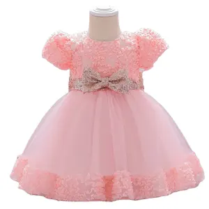 Factory Supply Discount Price Newborn Baby Clothes Girl 0-3 Months Sequined Flower Decoration Cute Birthday Baby Dress