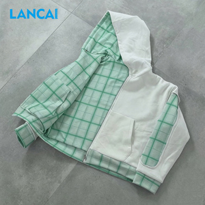 เสื้อฮู้ดซิป Lancai Heavyweight ทรงบ็อกซี่ ใส่ได้สองด้าน ลายสก็อตสไตล์ Y2K Grunge ปักลายแบบกำหนดเอง เสื้อสตรีทแวร์ผู้ชายแบบครอป - Product Image 2