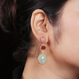 Pendiente de Plata de Ley 925 granate, calcedonia y Aventurina Pendiente de plata de diseñador chapado en oro - Product Image 2