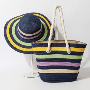 Hot Sale <b>Summer</b> Beach <b>Bag</b> Hat Set Women Outdoor Beach Tote <b>Bag</b> Hat Set Handmade Colorful Straw Tote <b>Bag</b> - Product Image 1