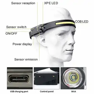 Lanterna de cabeça de led, induções recarregável, sensor de silicone, luz para caminhadas, escalada